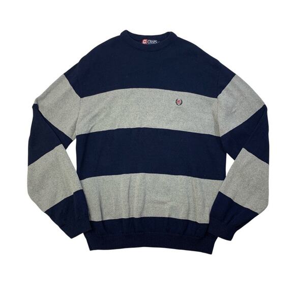 Vintage Chaps Ralph Lauren Sweater Men XL Navy Grey Cotton Striped Crew Made USA - Picture 1 of 9